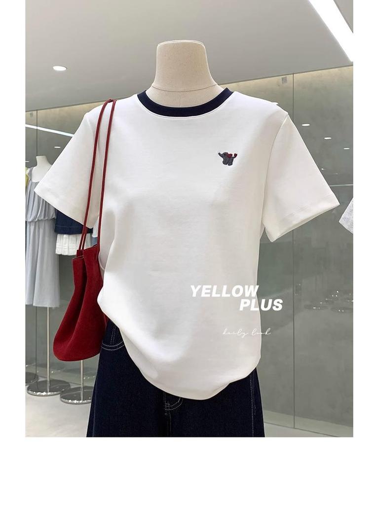Women's Slimming Elephant Embroidery Round Neck Short-Sleeve T-Shirt - 100% Cotton, Youthful Design