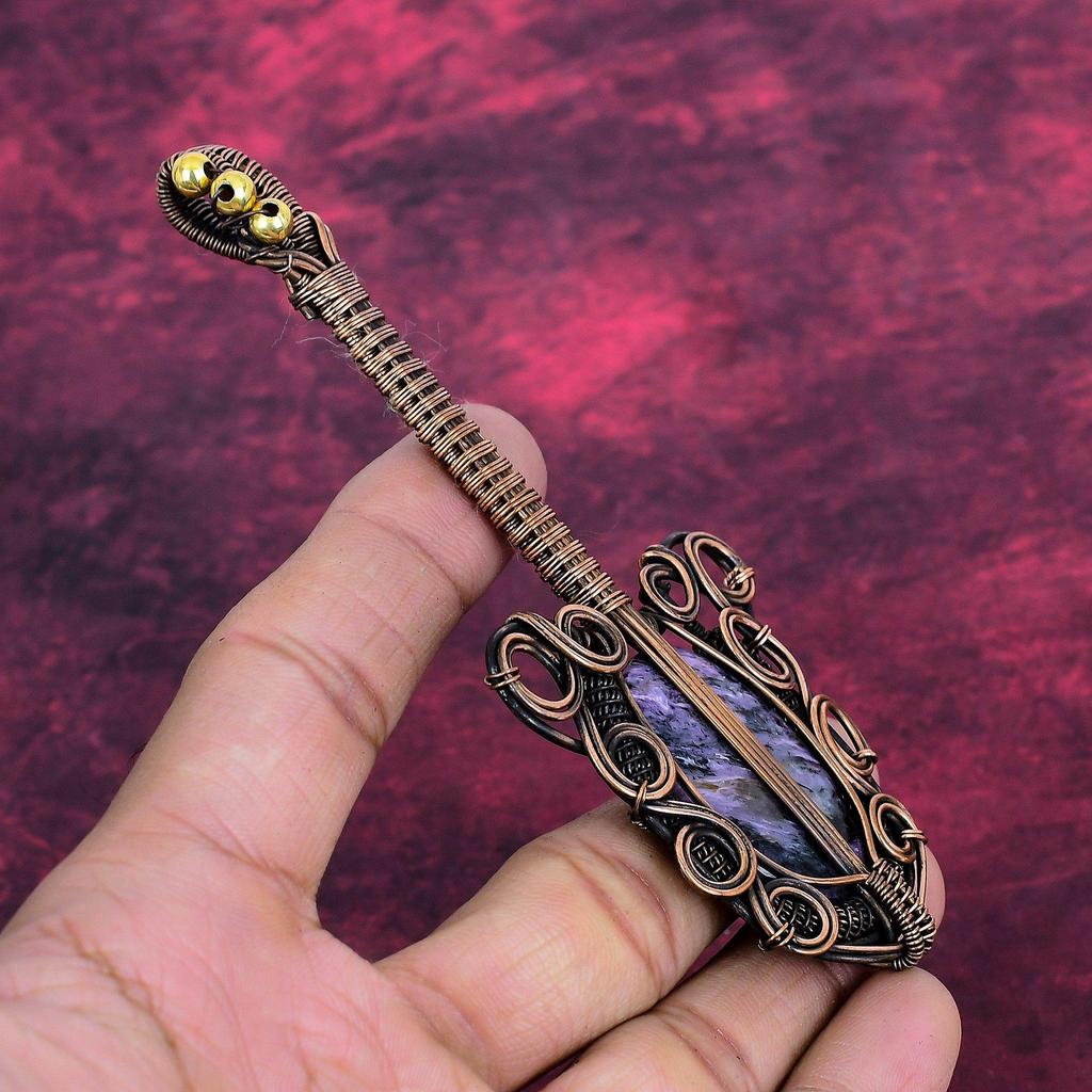 Charoite Pendant Copper Wire Wrapped Gemstone Pendant Handmade Guitar Jewelry