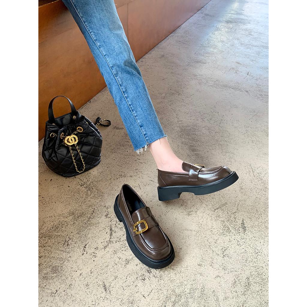Cowhide Version~ Grape Mother Same British Small Leather Shoes Women's Buckle Thick Sole Thick Heel Heightened Round Head Lazy Loafers