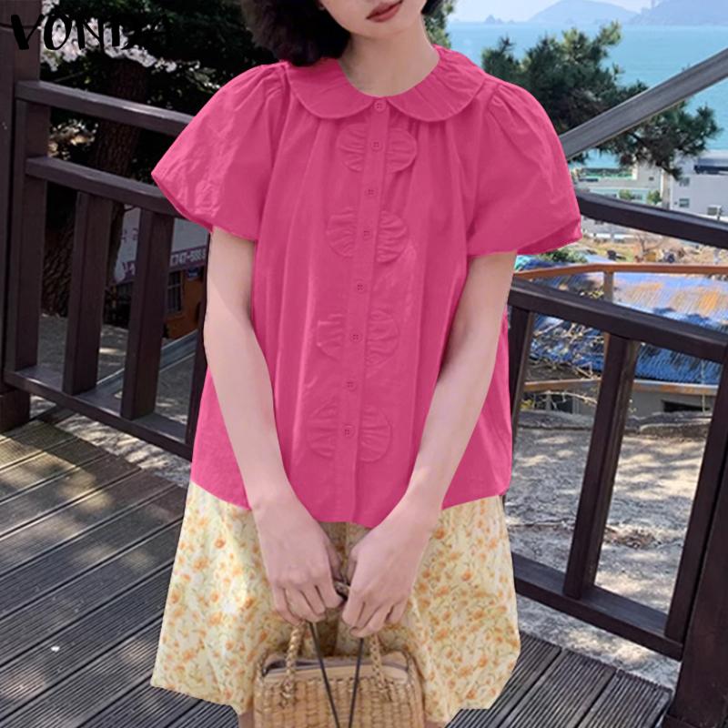 VONDA Blusa Casual de Manga Corta Abullonada con Botones Laterales y Volantes Sólida para Mujer