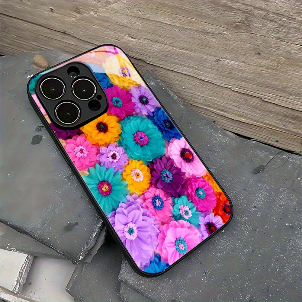 Colorful Floral Tempered Glass Phone Case For iPhone 17 16 15 Pro Max 14 13 12 Plus Shockproof Hard Cover Phone Shell Black