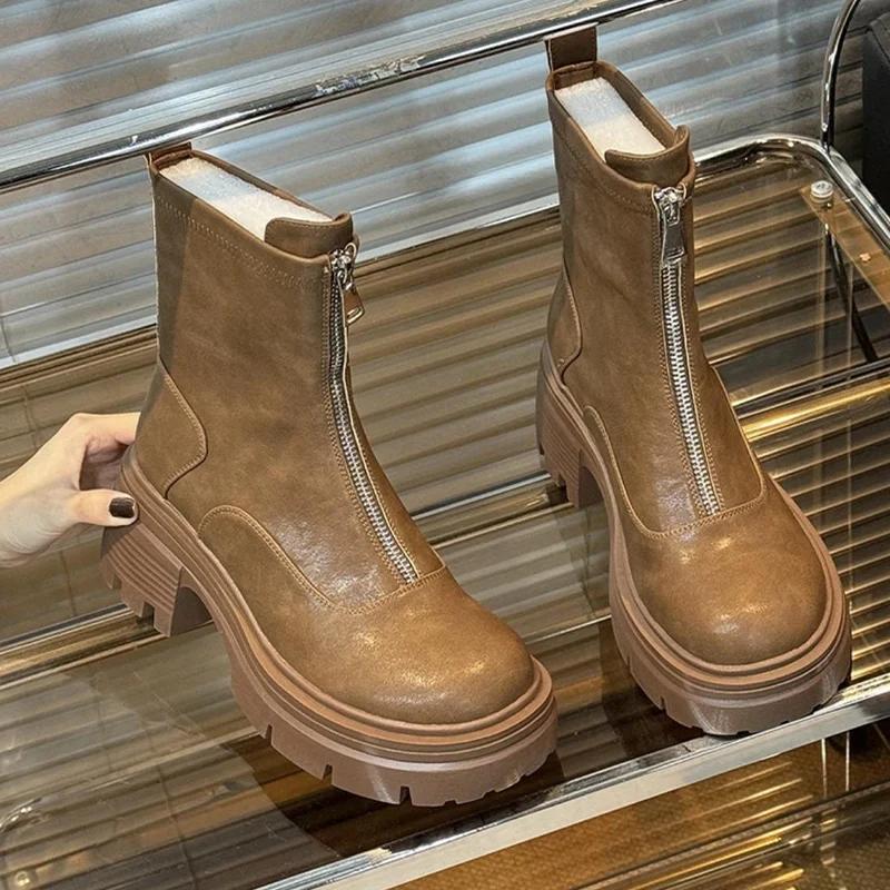 Chunky Women Ankle Boots Platform Designer Zippers Mid Heels Shoes 2025 Trend Winter Fad Goth Gladiator Motorcycle Botas Mujer
