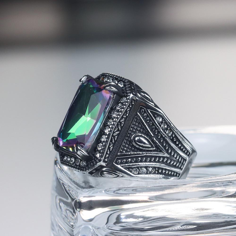 Fashion Vintage Punk Colorful Stone Rings Stainless Steel Handmade Turkish Signet Ring for Men Women Luxury Jewelry Wholesale