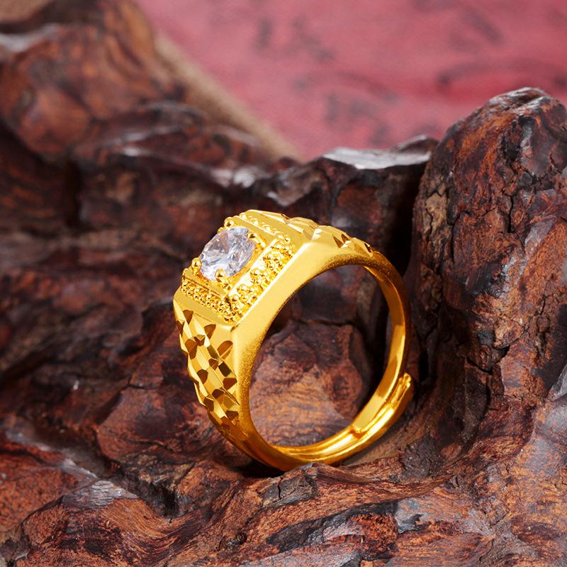 Men'S 24K Gold Au999 Stylish Ring With Sparkling Inserts | Geometric Matte Gold With Faceted Accents, Sophisticated For Business