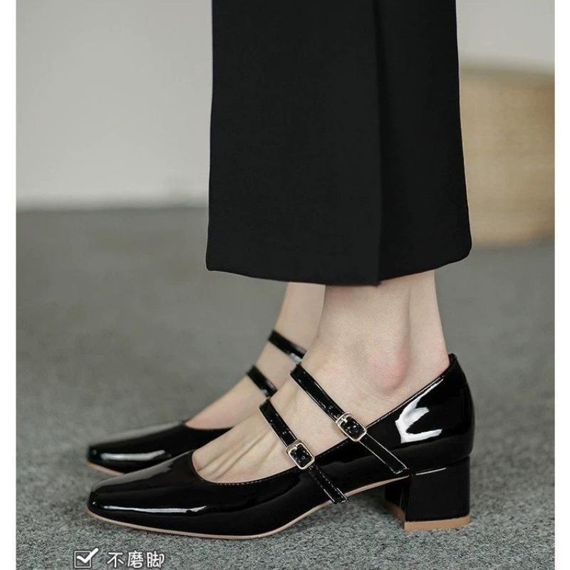 Fashion Spring Autumn Women Double Buckle Mary Janes Shoes Patent Leather Dress Square Head Square Heel Solid Color Women's Pumps
