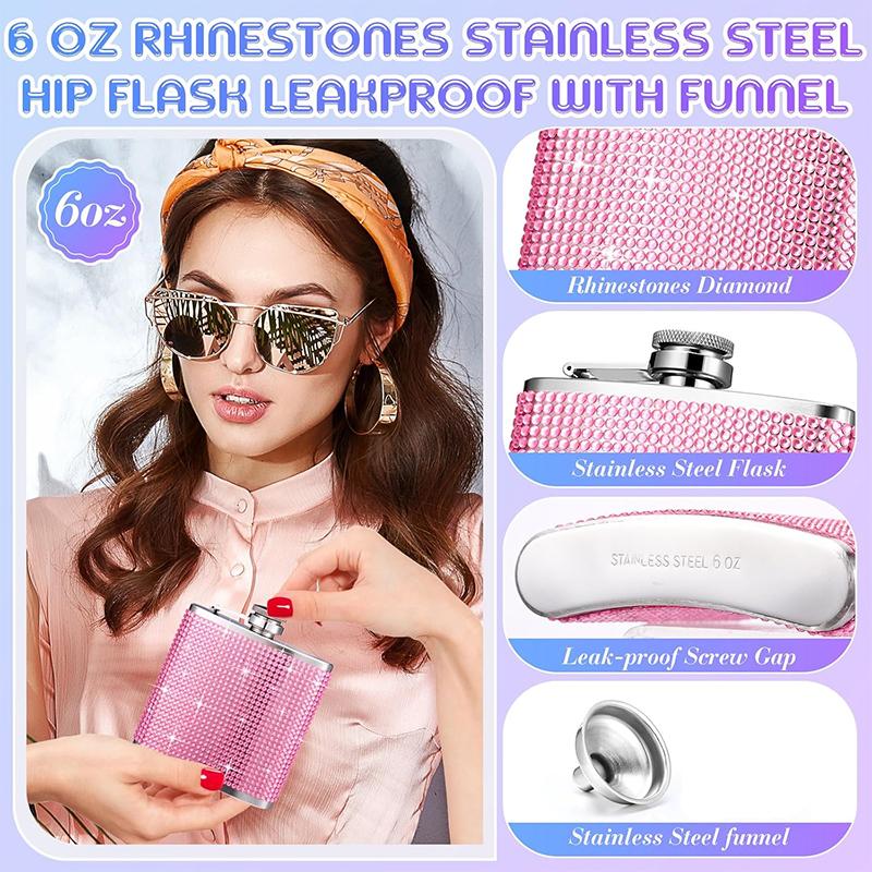 6oz Bling Hip Flask for Women Diamond Hip Flasks Glitter Stainless Steel Leakproof Hip Flasks For Wine Whiskey Liquor JT424 rosa