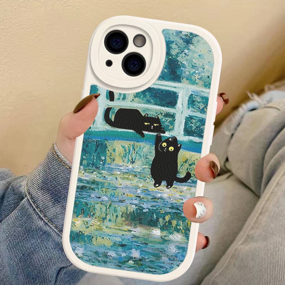 Black Cat Van Gogh Phone Case For IPhone 16 15 14 11 12 13 Pro Max Plus Back Leather Shell