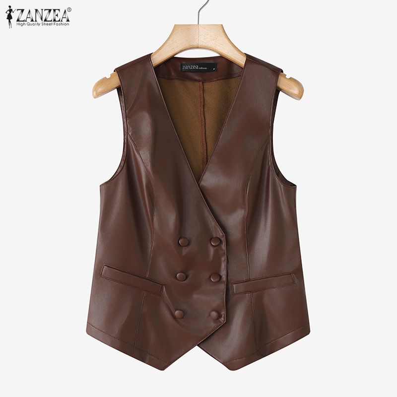 ZANZEA Women Casual V-Neck Sleeveless Faux PU Leather Cardigan Vest