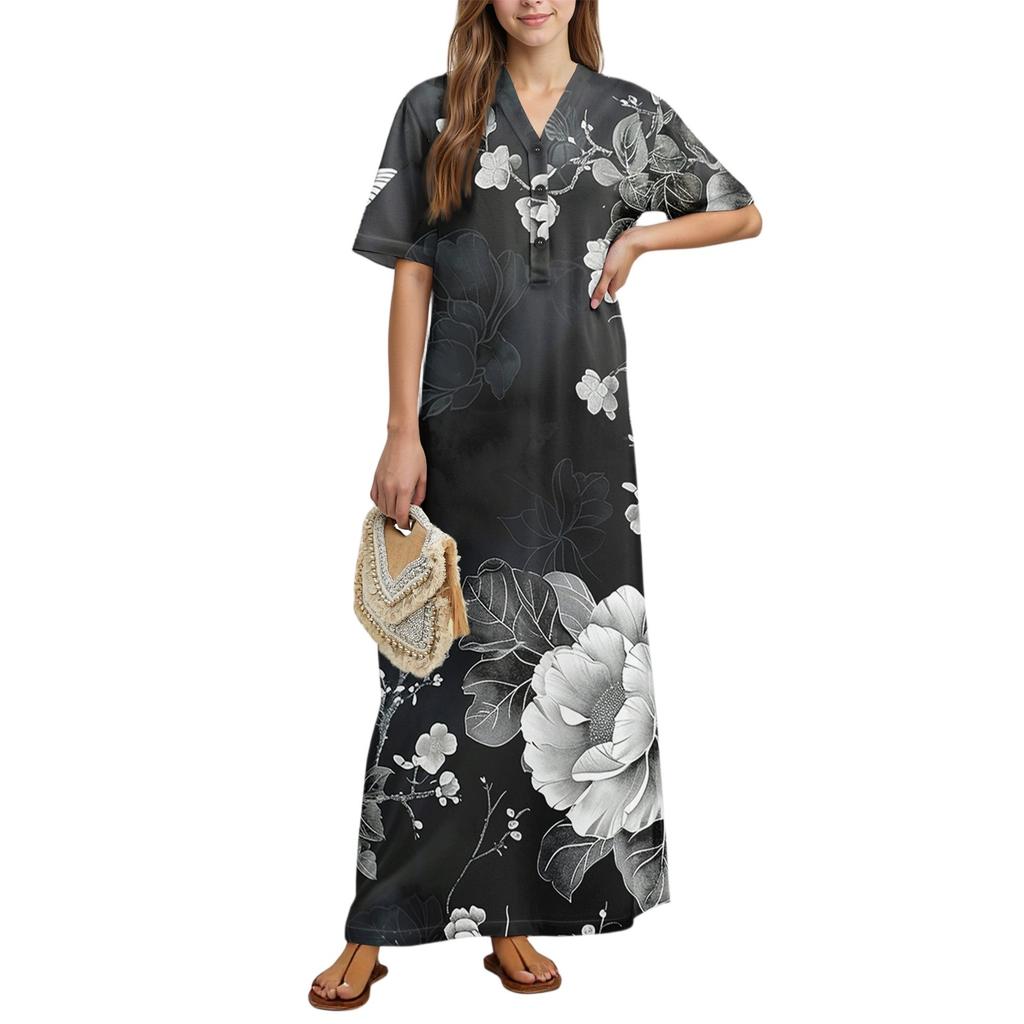 Women's Fashion Printed Nightgown Home Clothes Short Sleeve Nightgown With Pockets Long Dress