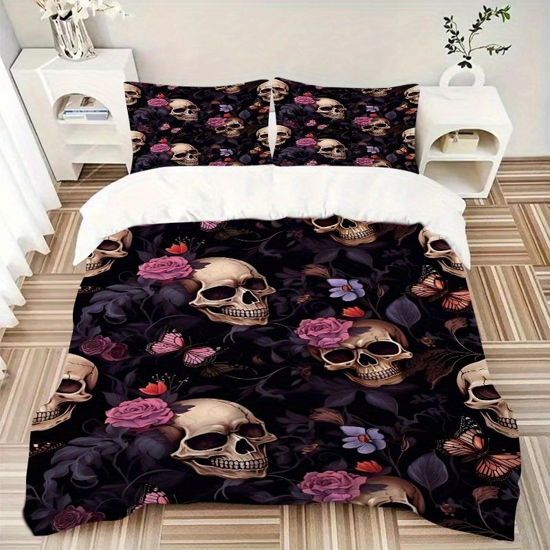 3pcs Skull Floral Pattern Bedding Set, Ideal for Home Use, Suitable for Bedroom Decor (1*Duvet Cover + 1/2*Pillowcases, No Core) Yy250821189