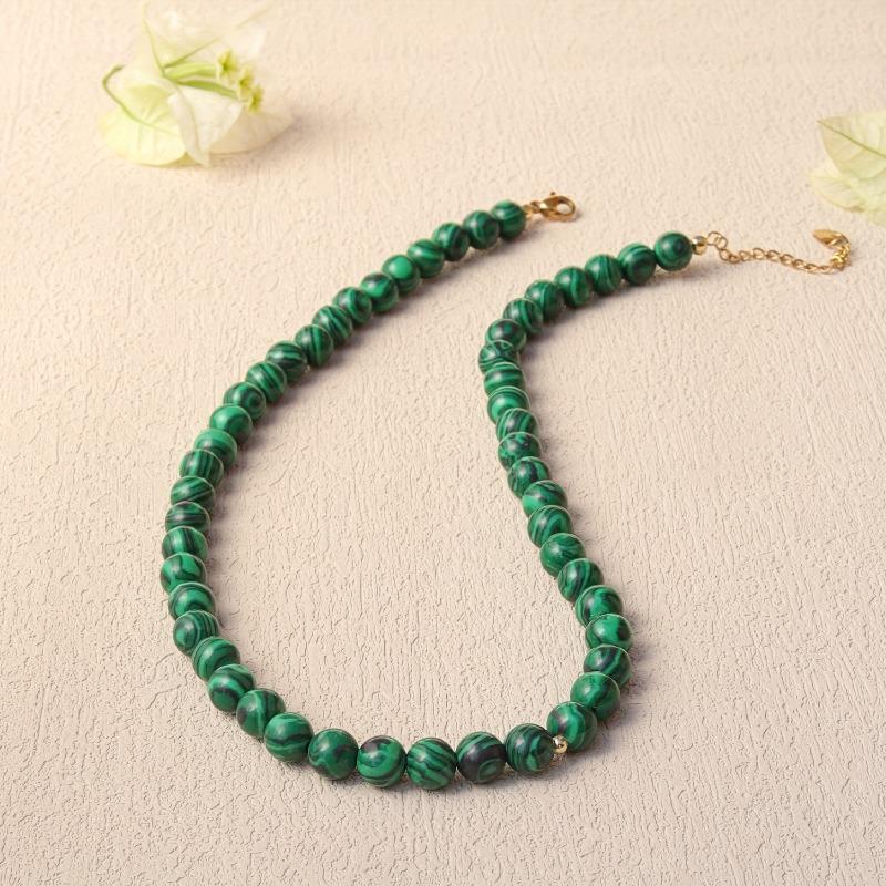 Malachite Beaded Choker Necklace with Gold Accents – Natural Stone Protection Jewelry for Women, Dainty Boho Gift