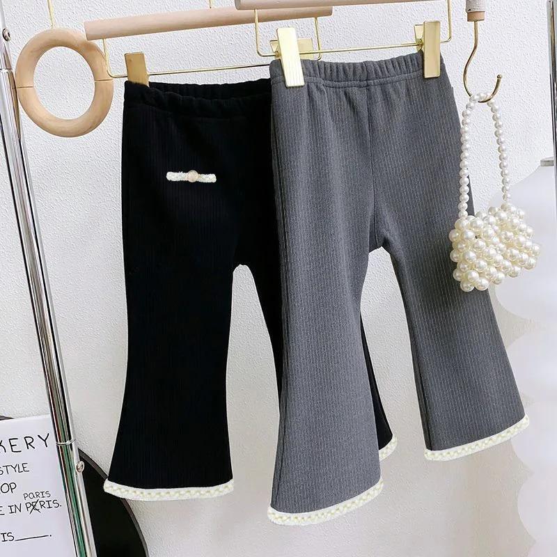 Girls' Autumn Winter Fleece Lined Outerwear Leggings Korean Stylish Flared Pants Kids Babies