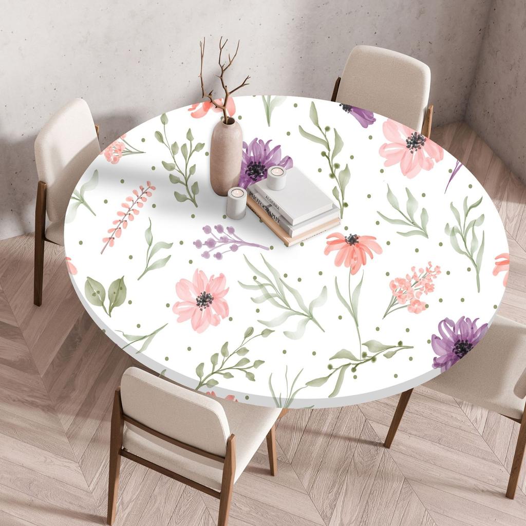 Plant Flower Patterns Round Tableclothes for Dining Table Fitted Table Protector Cover Elastic Edge Desk Decoration Waterproof