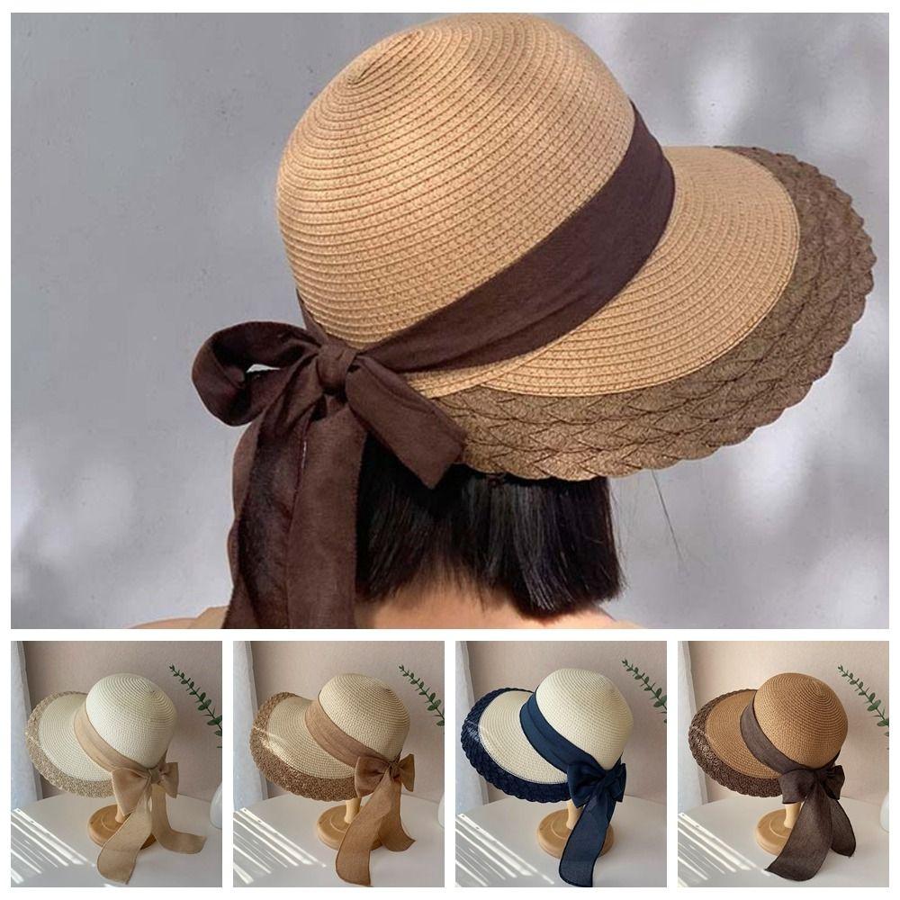 Hollow Out Big Brimmed Woven Cap Portable Bow Fisherman Cap Straw Weaving Beach Hat  Spring