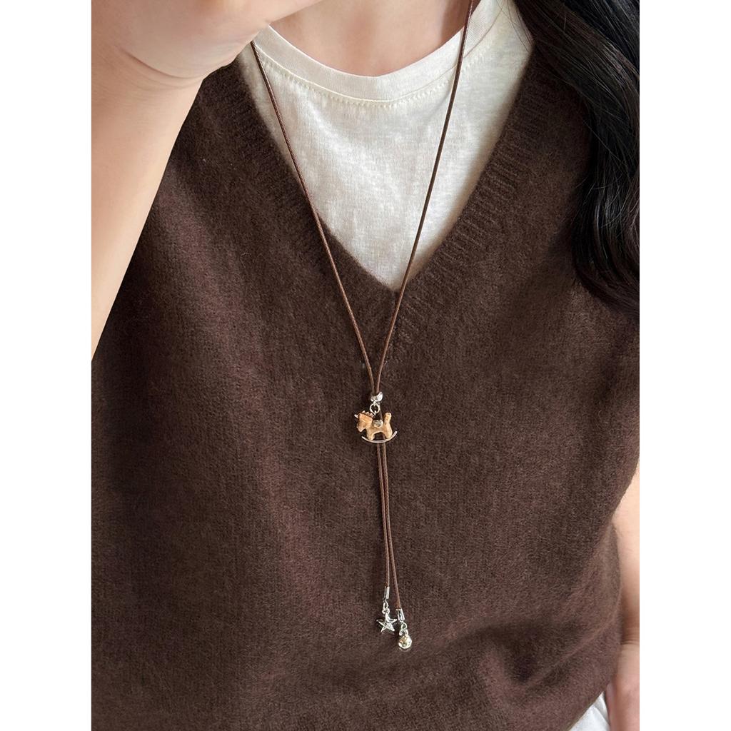 New Chinese style wooden pony pendant necklace retro temperament versatile sweater chain natal year necklace women