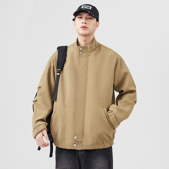 Solid Color Stand-Up Collar Jacket Men'S Season Loose Large Size Plaid Trendy Brand Versatile Jacket Trendy Casual Jacket