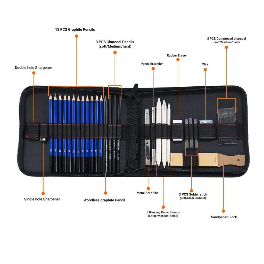 5 Pieces Professional Drawing Pencils and Sketch Kit  Complete Art Set for Beginners & Professionals with Graphite, Charcoal Blending Tools, and More