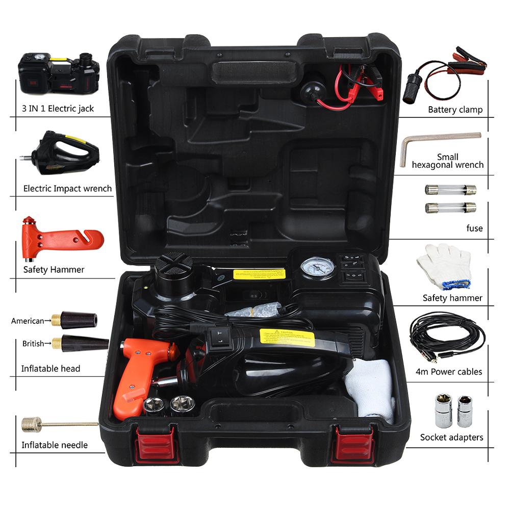Car Jack 5T Electric Hydraulic Floor Jack Tire Inflator Pump LED Light Electric Impact Wrench Car Repair Tool 45cm 3 in 1 150W DC 12v