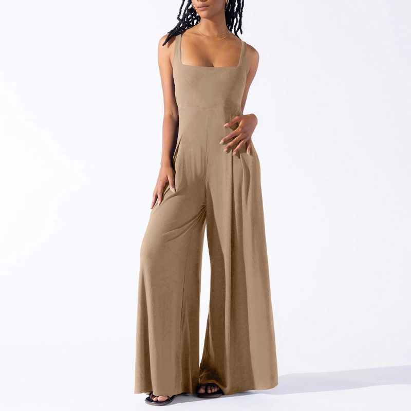 

Solid Color Suspender Wide Leg Jumpsuit Solid Sling Wide Leg Jumpsuit LQ880-khakis S