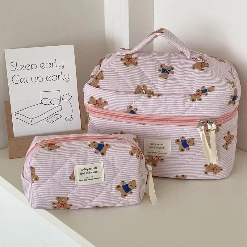 2024 Pink Bear Quilting Women Cosmetic Bag Cute Zipper Makeup Travel Organizer Female Handbag Toiletry Pouch for Girls