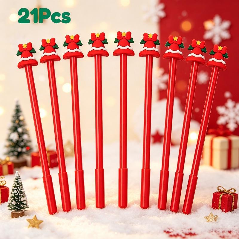 21Pcs Christmas Bell Topper Writing Pen, Back to School Season Student Stationery, Lovely Festive Xmas themed Decorative Pen, Novelty Holiday Desktop