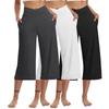 3 Pack Women Elastic High Waist 3/4 Pant Casual Active  Fit Wide Capris Leg Pants Trousers With Pockets