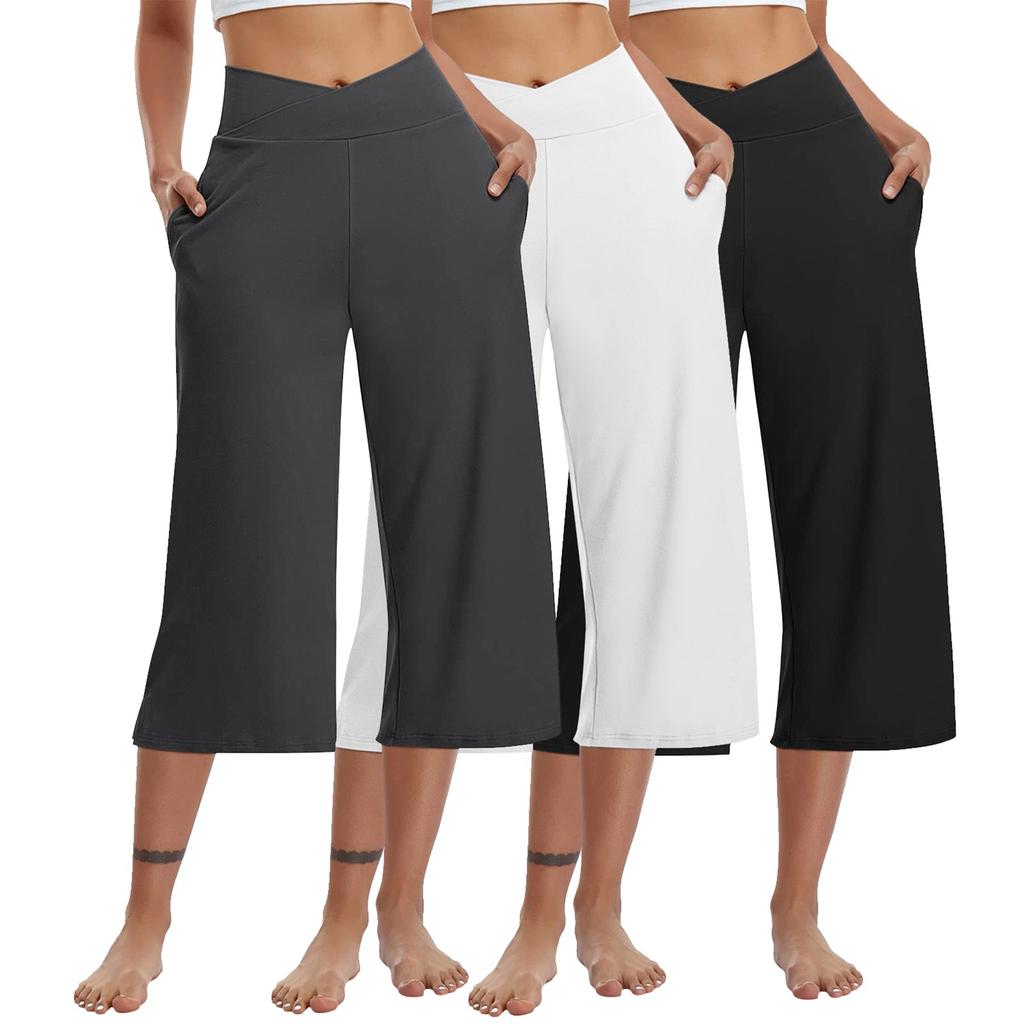 3 Pack Women Elastic High Waist 3/4 Pant Casual Active  Fit Wide Capris Leg Pants Trousers With Pockets