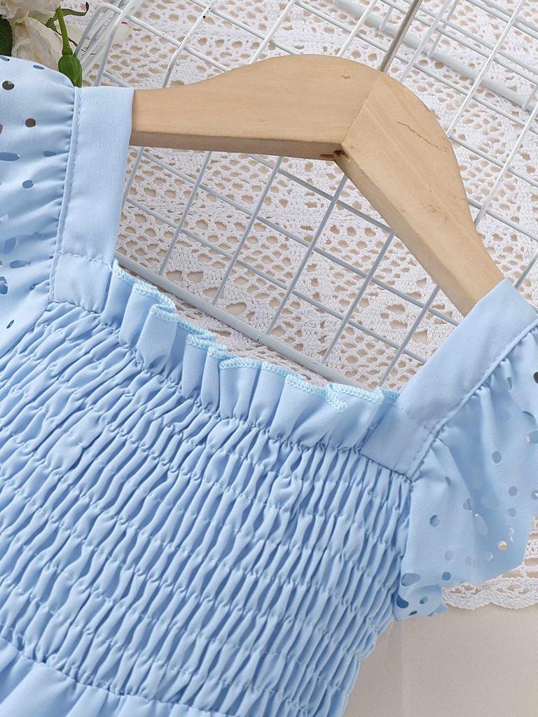Smok Sommerkleid für Mädchen, Kleinkind-Sonnenkleid mit Rüschenärmeln und Lochstickerei, Einfarbig Blau, Mehrlagiges Partykleid für Kinder 3-7 J.