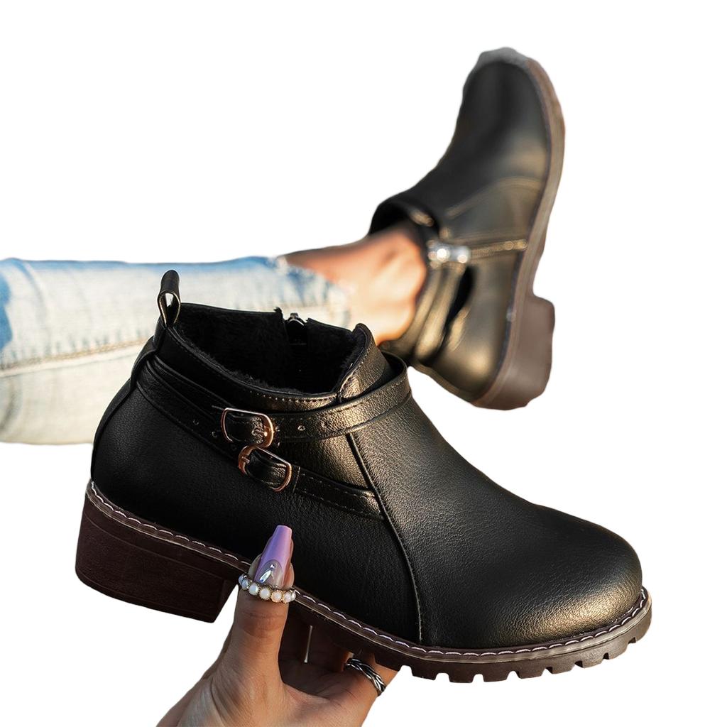 Women's Short Boots with Side Zipper, Low Heel and Belt