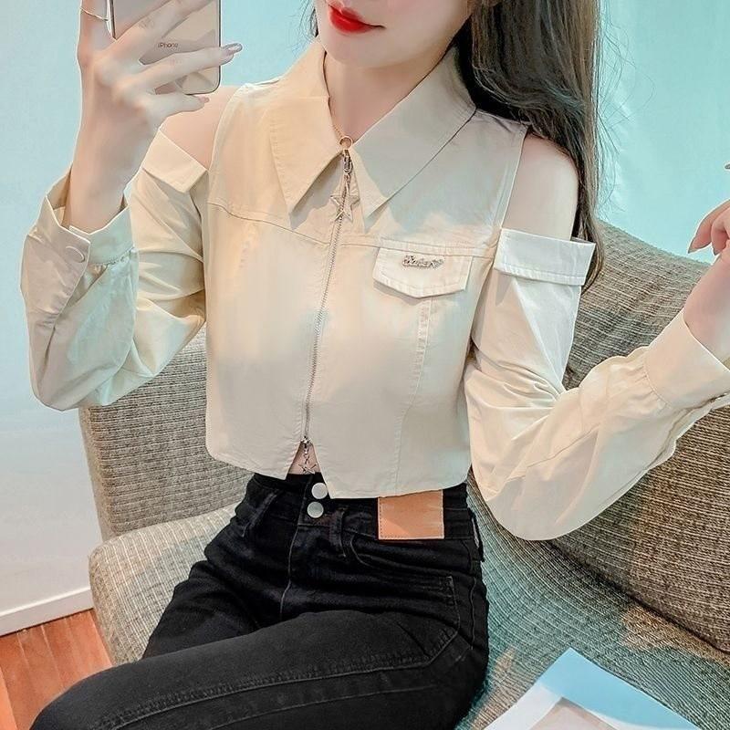 Off Shoulder Satin Shirt For Women With 3d Pattern And Polo Collar For Spring Season