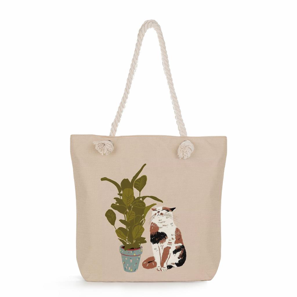 Cartoon cat print thick rope single-shoulder beach bag 7233