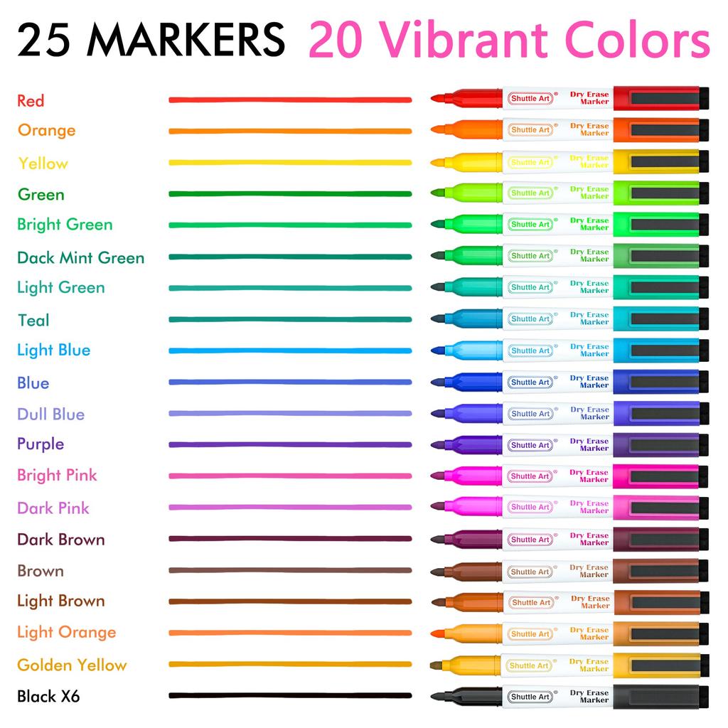 Shuttle Art Whiteboard Marker Set of Erasable Markers In 19 Colors with Fine Large Suitable for and LED Ideal for and 25 (6 Black), Magnetic, Eraser,