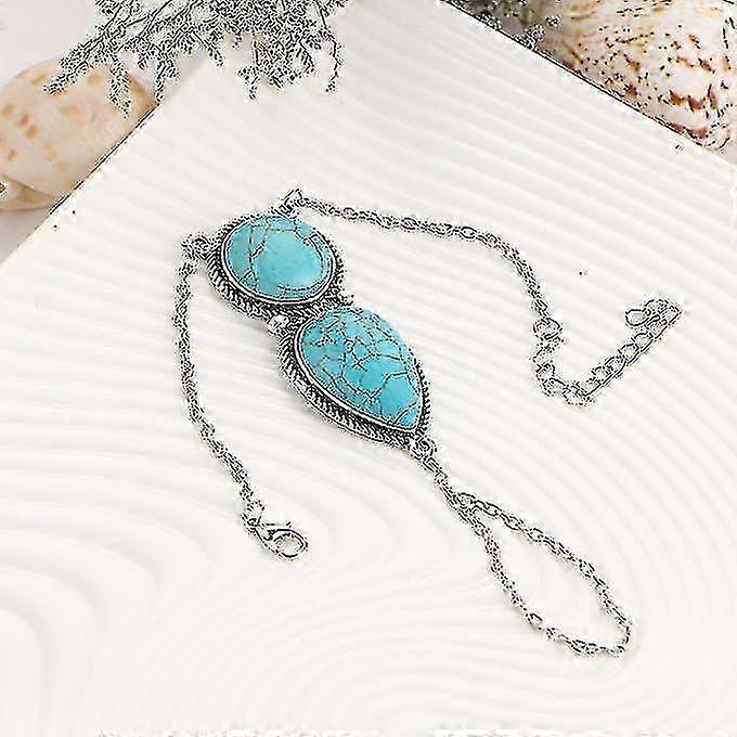 Donna Boho Retro Celebrità Turchese Catena Schiava Anello Bracciale Imbracatura Mano-Argento Antico hwy