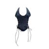 Denim Halter Crop Top: Punk Lace-up Sleeveless Slim Fit