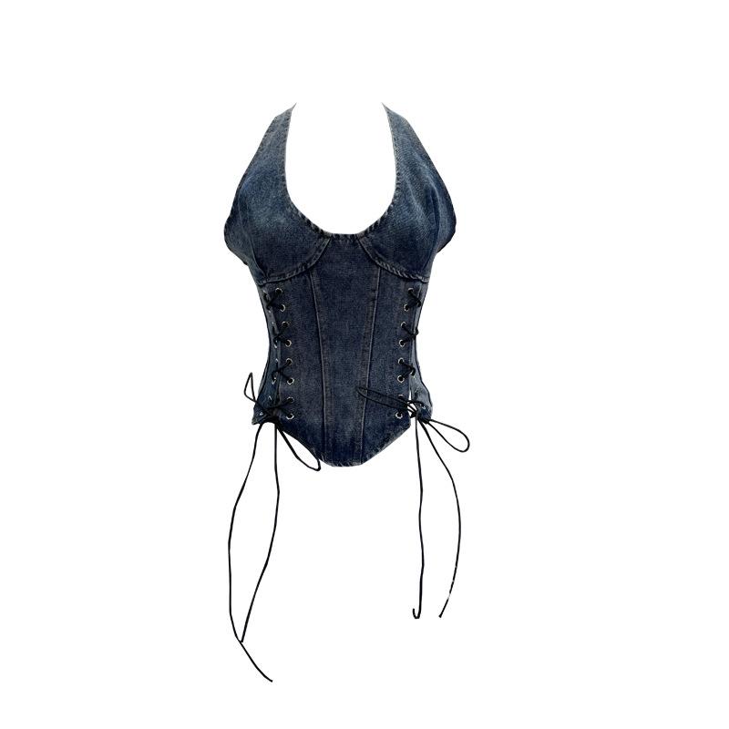 Denim Halter Crop Top: Punk Lace-up Sleeveless Slim Fit