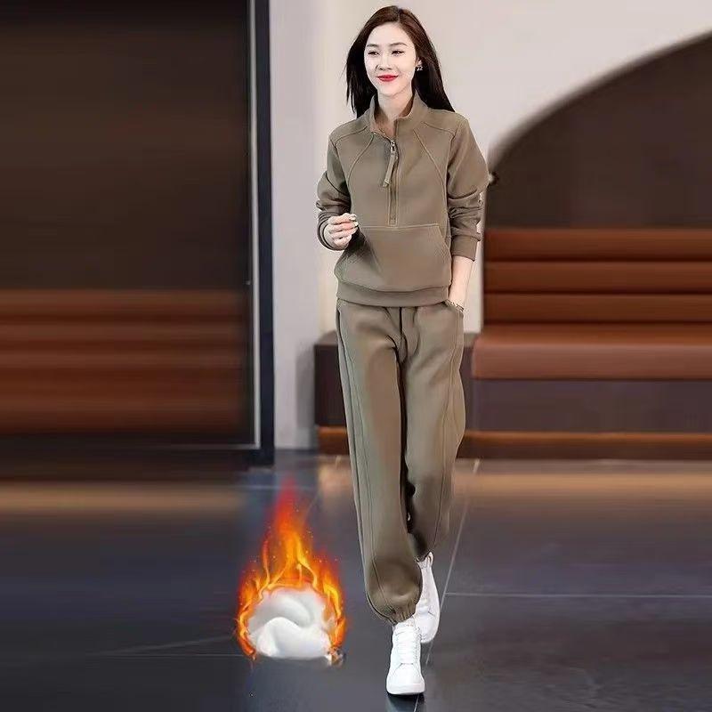 Casual Sweater Autumn and Winter Sports Suit Large Size Slimming Plus Velvet Thickening Solid Color All-match Two-piece Suit