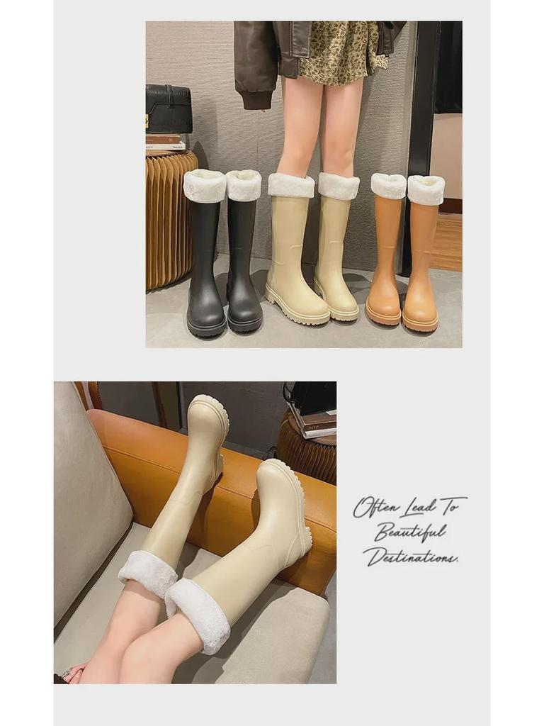 Stylish Women's Waterproof Non-Slip Long Rain Boots - Wear-Resistant Rubber with Warm Cotton Lining