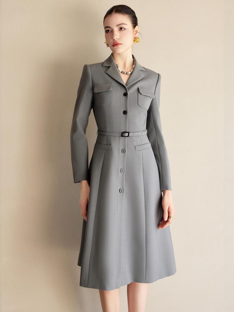 Damen High-End Graues A-Linien Anzugkleid - Frühling Formell, Professionell, Taillenverschmälernd, Elegant