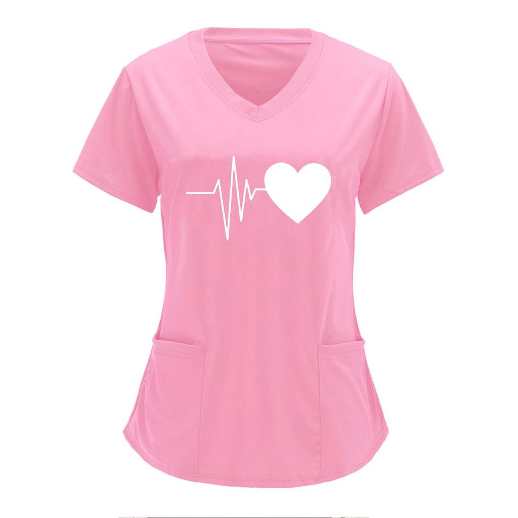 European & American Heartbeat Love Print Nurse Uniform, V-Neck, Double Pocket, Short-Sleeve T-Shirt, Large Size