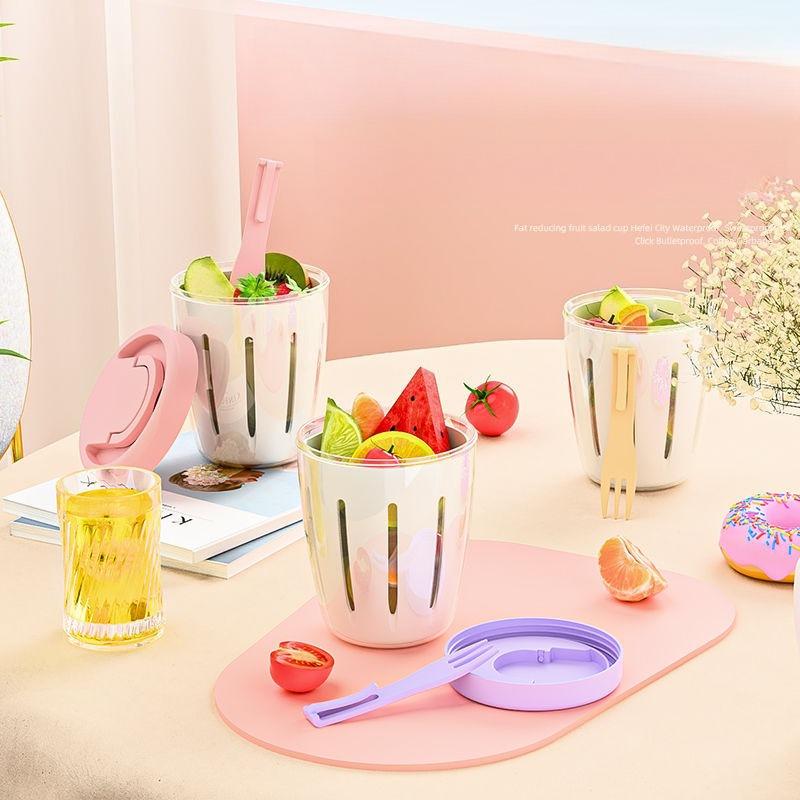 Salad Cup with Fork Cylindrical Plastic Fruit Container Multifunctional with Drainage Portable for Lunch and Snacks
