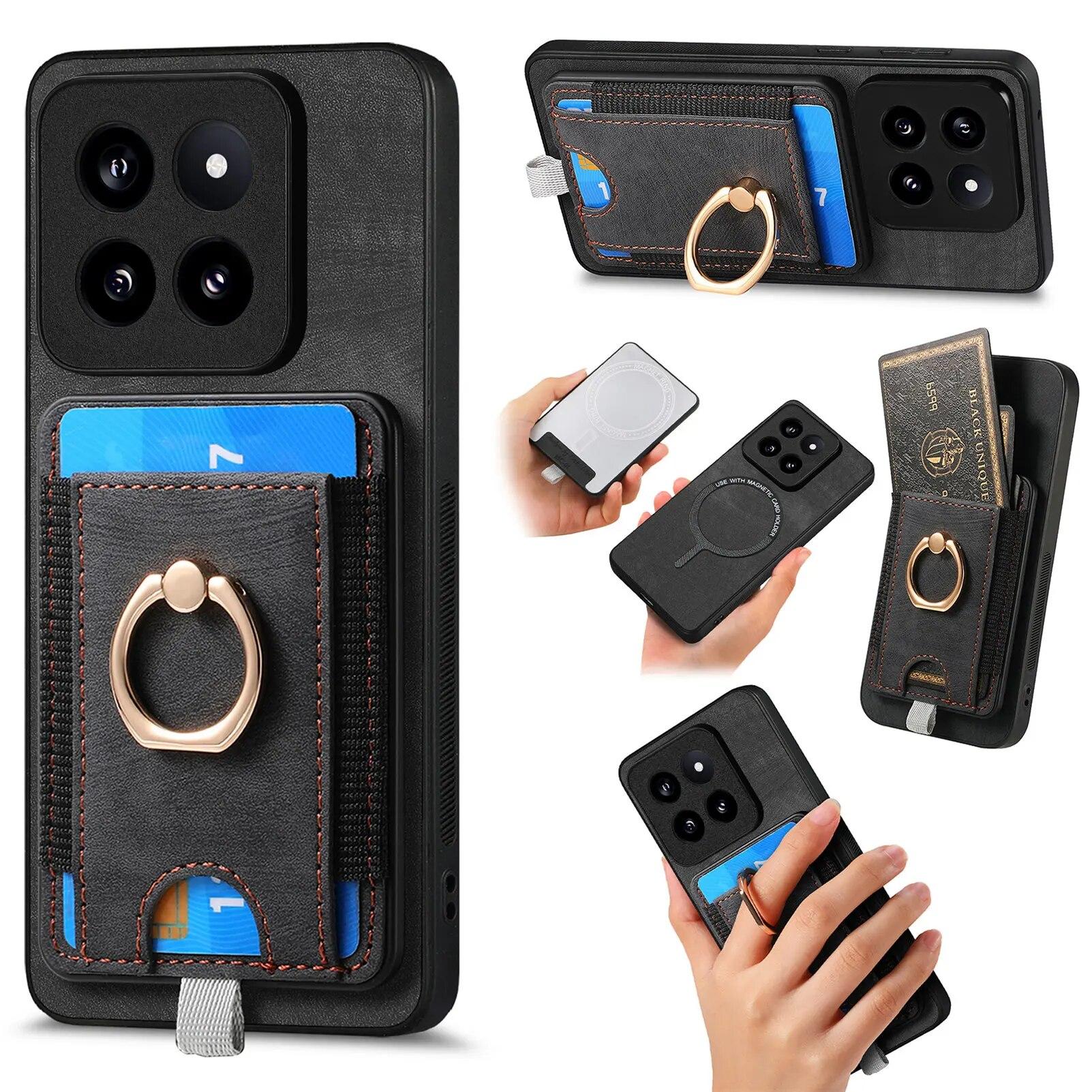 

Беспроводной кожаный чехол-кошелек с кольцом для телефона XiaoMi 14 Pro 13T 12T POCO F5 X5 X4 M5 M4 M3 RedMi Note 13 12 Pro Plus Google Pixel 8 Pro 7 6 откидной чехол XiaoMi POCO F5 чёрный