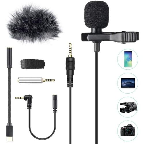 AGPTEK Lapel Microphone, Clip-on Microphone, Condenser Microphone, Omnidirectional Mini Microphone, Includes 4-Pole Type-C/3-Pole Adapter, Smartphone