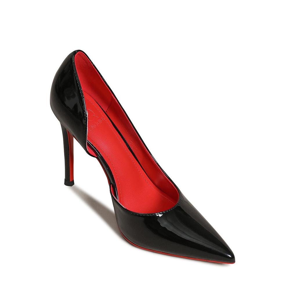 Women's Black Stiletto High Heels with Red Bottom, Side Cutout, and Pointed Toe - 2025 New Patent Leather Nightclub Shoes