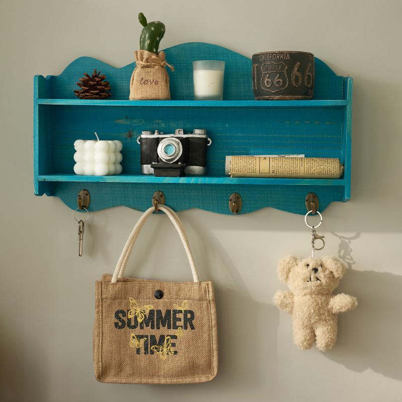 Zakka Style Nordic Wall Shelf with Hooks, Solid Wood Double-Layer Storage Rack for Kitchen Dining Room Wall Decor