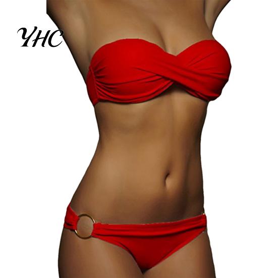 Traje de Baño 2 Piezas/Set Bikini de Verano Color Sólido Push Sin Tirantes Simple Traje de Baño para Mujer para la Playa