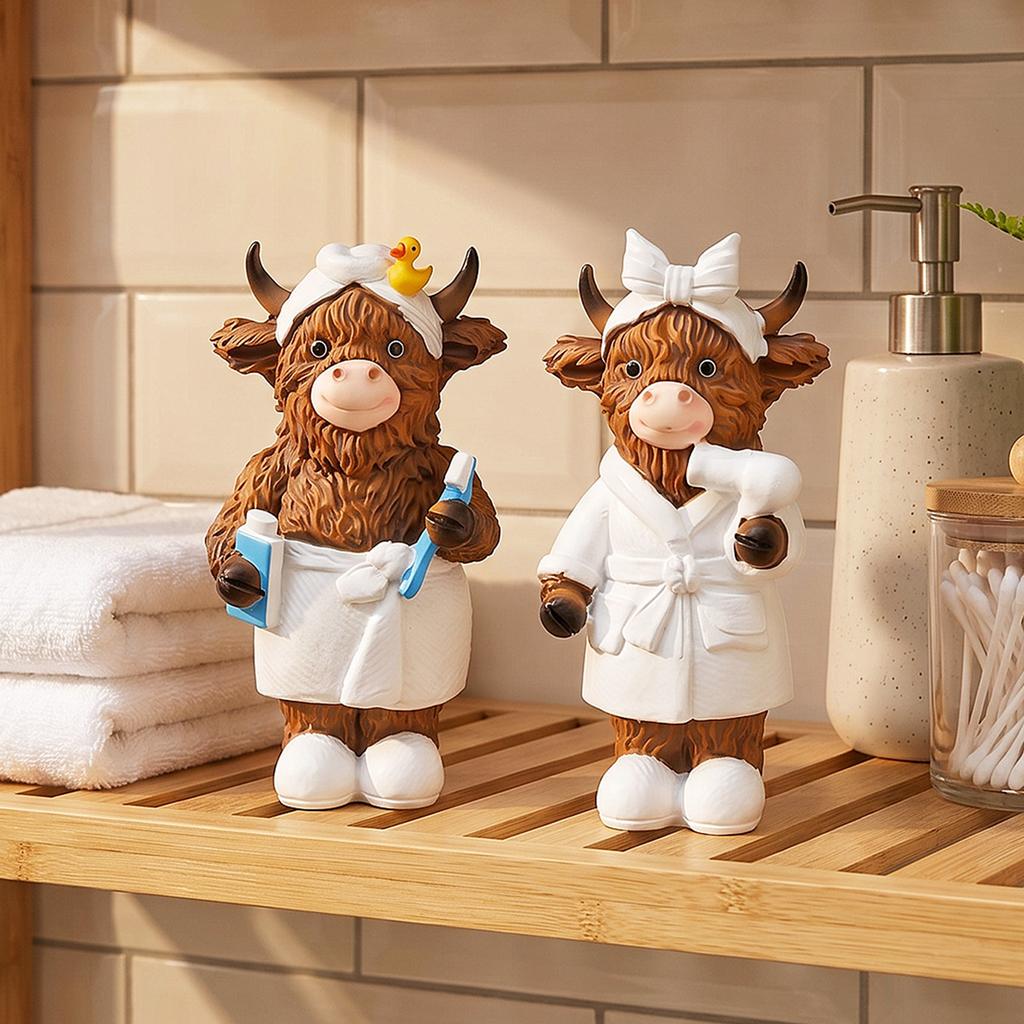2Pcs Highland Cow Statue Home Ornament Resin Statue Ox Figurine for Home Bookshelf Office Table Decor Figurine As Birthday Gift
