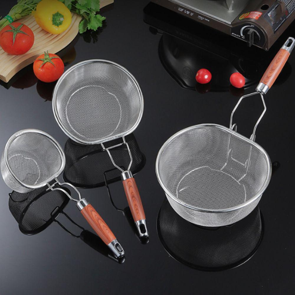 Fine Mesh 304 Stainless Steel Skimmer Wood Grain Wood Kitchen Strainer Basket Kitchen Sieve Hotpot