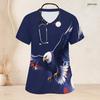 Women Plus Size Scrub Top V Neck Short Sleeve Printed Red Blue With Front Pockets