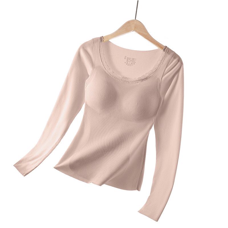 Женский топ с длинным рукавом из мериносовой шерсти и шелка, бесшовный, с чашечками - Стройная базовая майка без бюстгальтера L (110-125 jin)