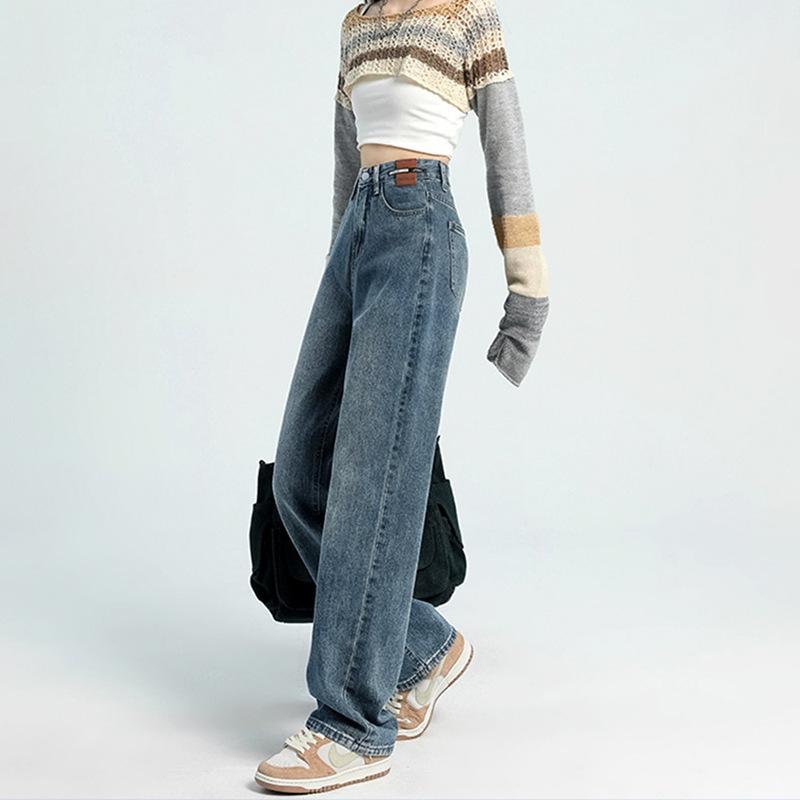 GMXIA Jeans Birnenförmig Lässig Hochtailliert Weitbein Hose Gerade Leder Markendesign Retro Bodenlange Hose Herbst